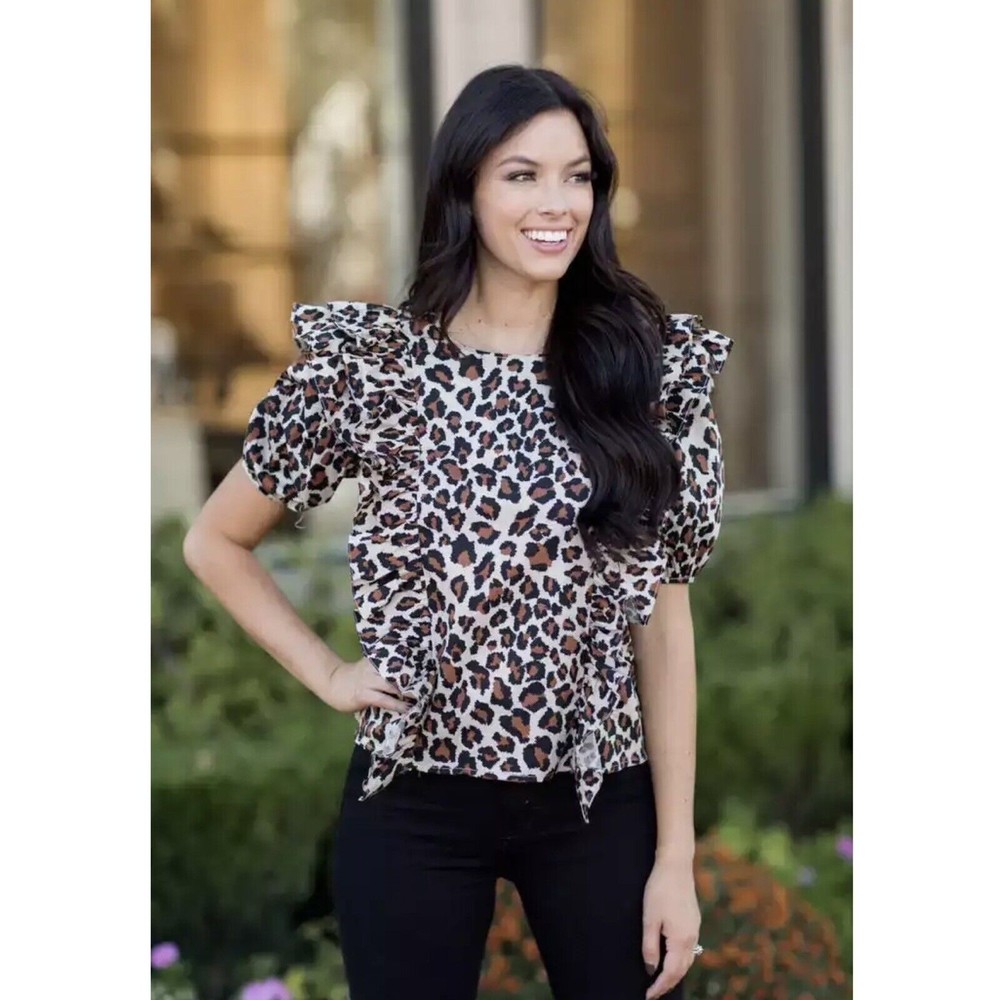 NWT English Factory Ramona Leopard Print Ruffled Top Blouse Woman’s Size Small